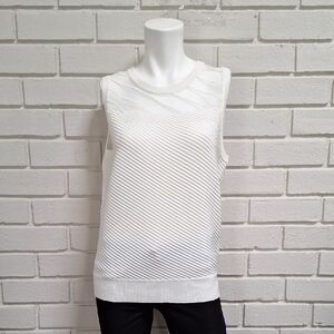 DKNY Cream Texture Striped  Mesh Neckline Sleeveless Top. Size Medium NWT